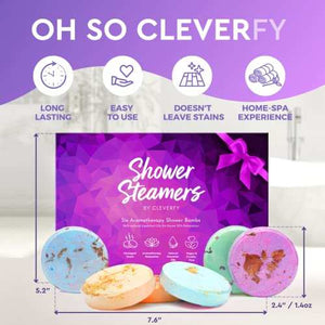 Instructions for using Cleverfy shower steamers with woman in shower