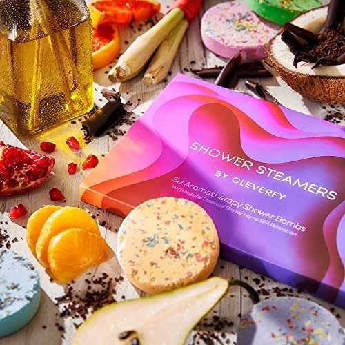 Cleverfy shower steamers pack of six aromatherapy bombs with lavender essential oils in purple gift box