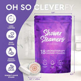 Purple pack of Cleverfy aromatherapy shower steamers with lavender scent and usage icons