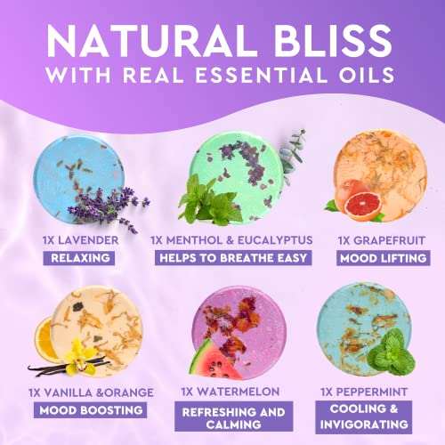 Cleverfy shower steamers set with six aromatherapy scents including lavender, menthol, eucalyptus, grapefruit, vanilla orange, watermelon, and peppermint