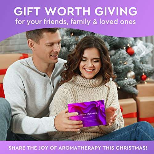 Couple giving Cleverfy Shower Steamers purple gift set for Christmas