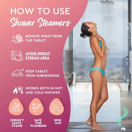 Instructions on how to use Cleverfy shower steamers with a woman in a blue bikini under a shower