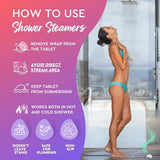 Instructions on how to use Cleverfy shower steamers with woman in shower