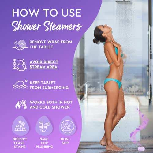 Instructions for using Cleverfy shower steamers with a woman enjoying a shower