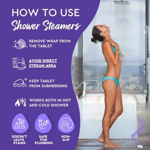 Instructions for using Cleverfy shower steamers with woman in shower