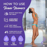 Instructions for using Cleverfy shower steamers with woman in shower