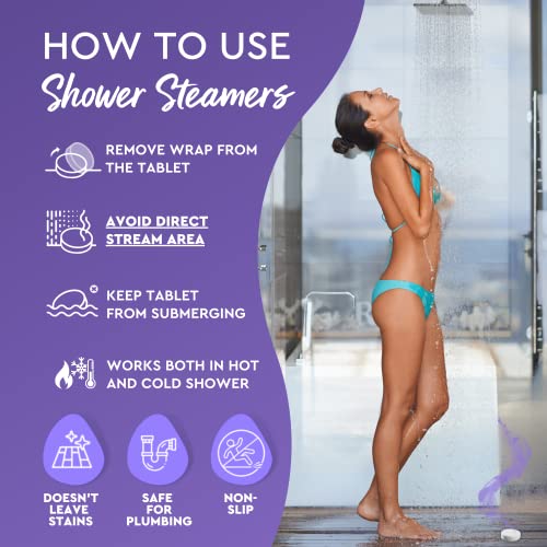Instructions for using Cleverfy shower steamers with a woman enjoying a shower