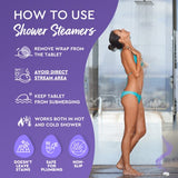 Instructions for using Cleverfy shower steamers with a woman enjoying a shower