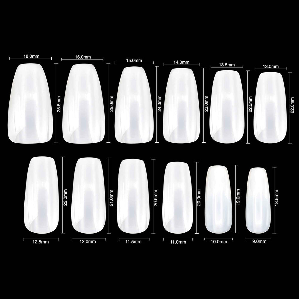 Set of medium opaque coffin ballerina false nails with size measurements
