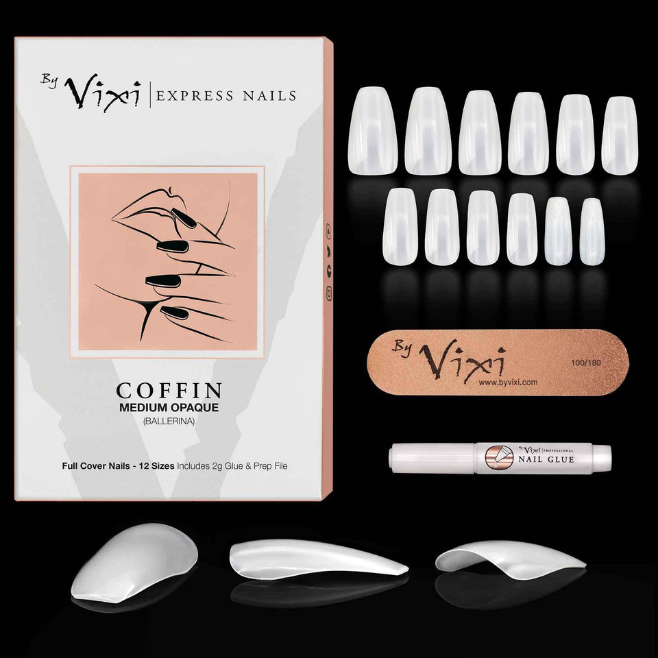 Set of medium opaque coffin ballerina false nails with nail file and glue