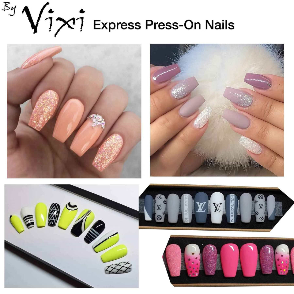 various coffin ballerina false nails in medium opaque designs