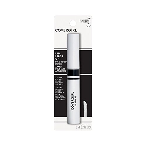 COVERGIRL Eyeshadow Primer in a white tube with black accents, displayed on black-and-white Lid Lock Up packaging
