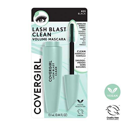 COVERGIRL Lash Blast Clean Volume Mascara in mint-green packaging with a black cap, tapered brush and black text.