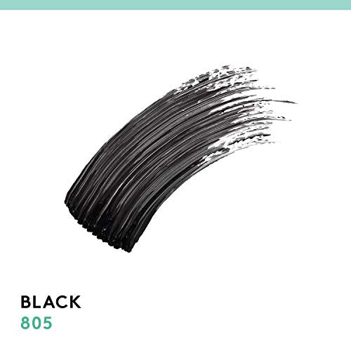 Mascara swatch in COVERGIRL Lash Blast Very Black, with glossy black pigment brushed into separated streaks; shade 805.