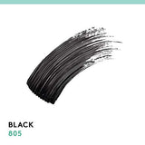 Mascara swatch in COVERGIRL Lash Blast Very Black, with glossy black pigment brushed into separated streaks; shade 805.