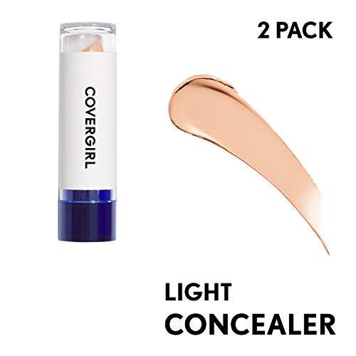 COVERGIRL Moisturizing Concealer in a white tube with a deep blue base, shown with a light beige creamy swatch