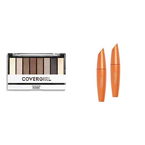 COVERGIRL Trunaked Palette with neutral nude eyeshadow shades in matte and shimmer finishes beside two orange mascara tubes