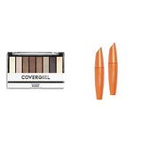 COVERGIRL Trunaked Palette with neutral nude eyeshadow shades in matte and shimmer finishes beside two orange mascara tubes