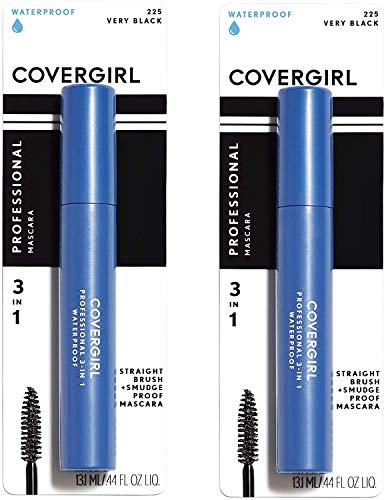 COVERGIRL Waterproof Mascara in blue packaging, black tube accents, and Very Black 3-in-1 straight brush formula
