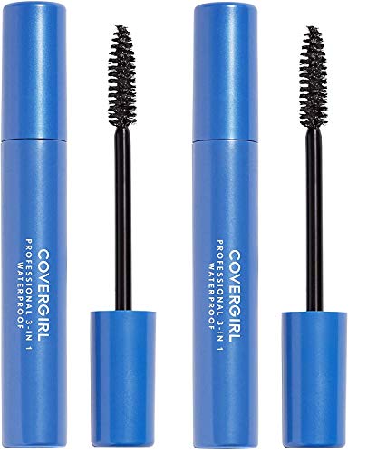 COVERGIRL Waterproof Mascara in bright blue tubes with black wands and bristled brushes, labeled Professional 3-in-1