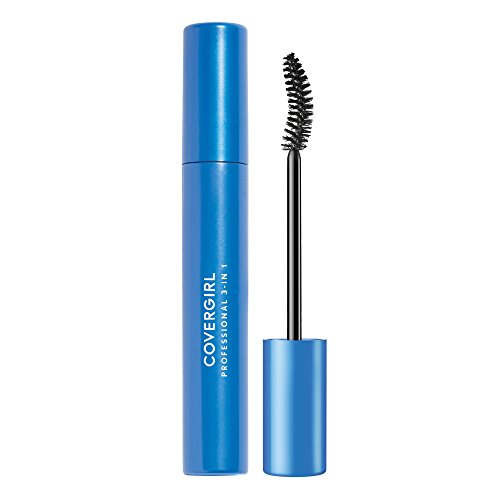 COVERGIRL Waterproof Mascara in a metallic blue tube with a black curved brush and Very Black formula