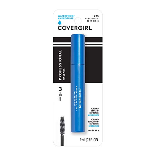 COVERGIRL Waterproof Mascara in a bright blue tube with black-and-white packaging and a printed brush illustration.