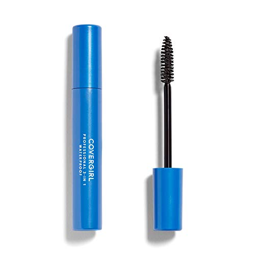 COVERGIRL Waterproof Mascara in a bright blue tube, shown with a black wand and bristled brush.