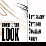 COVERGIRL Waterproof Mascara promotional graphic with black lash strokes, gold makeup swatches, and a four-step eye makeup list