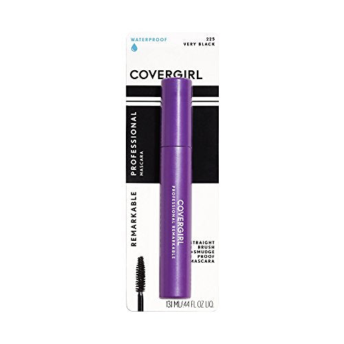 COVERGIRL Waterproof Mascara in a purple tube on white-and-black packaging, with a slim black mascara brush and Very Black label