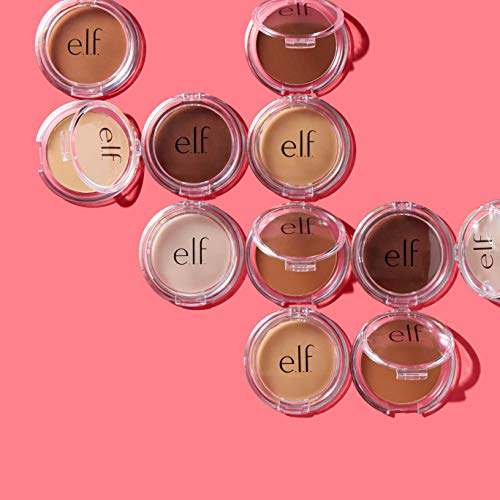 e.l.f. Prime & Stay Finishing Powder compacts in clear round cases show assorted beige, tan and deep brown shades.