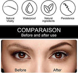 Eyebrow Pencil comparison graphic showing natural-looking brows before and after use, with waterproof and persistence icons