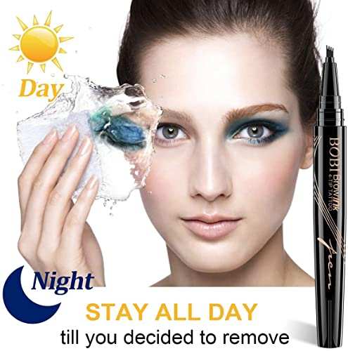 Eyebrow Pencil in a slim black pen with a fine forked tip, shown beside a model with defined dark brows.