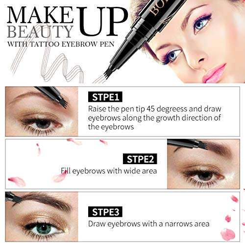 Eyebrow Pencil in black with a fine fork tip, shown drawing dark brown hair-like strokes to fill and define brows.