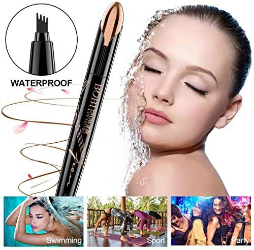 Eyebrow Pencil with a black pen body and dark brown four-prong fork tip, shown with waterproof brow strokes
