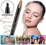 Eyebrow Pencil with a black pen body and dark brown four-prong fork tip, shown with waterproof brow strokes