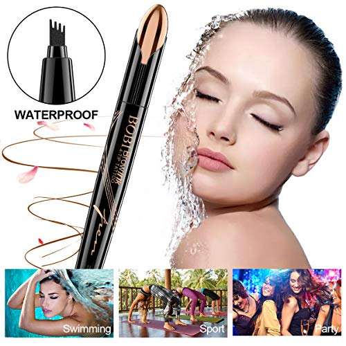 Eyebrow Pencil in a glossy black pen with a fine four-prong tip, shown with dark brown strokes and waterproof claims