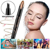 Eyebrow Pencil in a glossy black pen with a fine four-prong tip, shown with dark brown strokes and waterproof claims