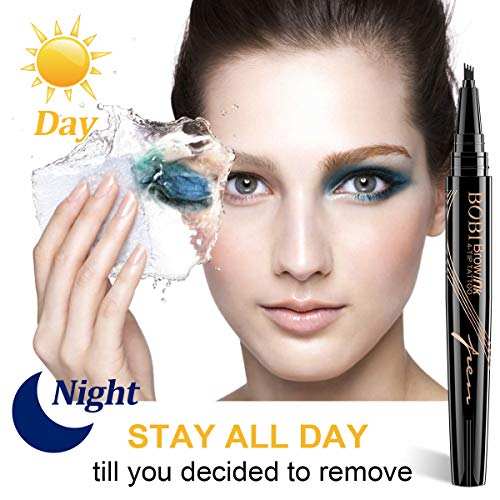 Eyebrow Pencil in a black liquid brow pen with a fine fork tip, shown beside a model with defined brown brows