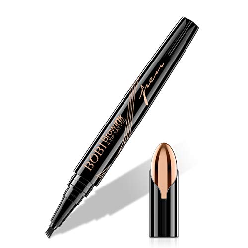 Eyebrow Pencil in a glossy black pen with rose-gold lettering and a fine fork tip, shown beside its exposed applicator
