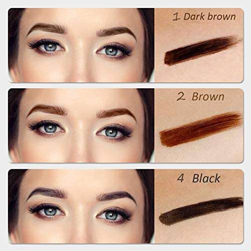 Eyebrow Pencil shown with dark brown, brown, and black swatches beside made-up brows in three color options.