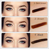 Eyebrow Pencil shown with dark brown, brown, and black swatches beside made-up brows in three color options.