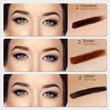 Eyebrow Pencil color swatches in chestnut, brown, and gray alongside close-ups of defined brows in each shade
