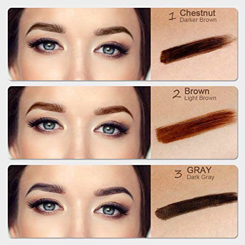 Eyebrow Pencil color chart showing defined brows and swatches in chestnut dark brown, light brown, and dark gray