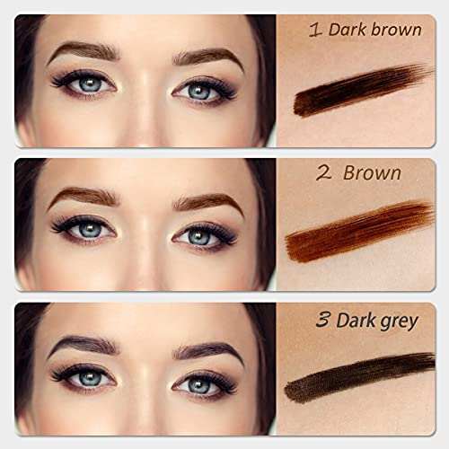 Eyebrow Pencil shade comparison with dark brown, brown and dark grey swatches beside defined brows on three faces