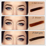 Eyebrow Pencil shade comparison with dark brown, brown and dark grey swatches beside defined brows on three faces