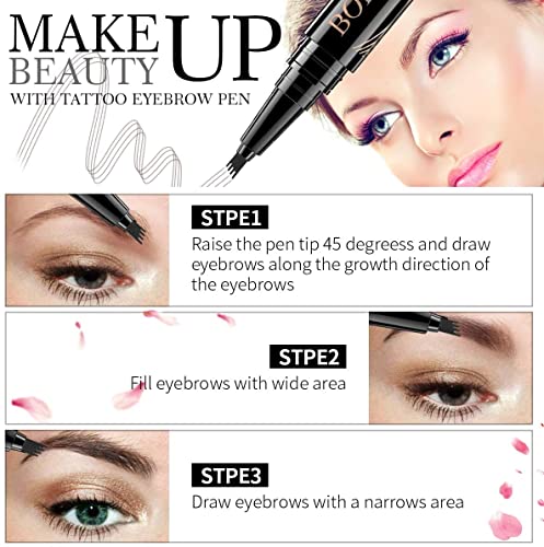 Eyebrow Pencil with a dark brown liquid pen and fine fork tip, shown defining and filling brows with natural-looking strokes