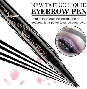 Eyebrow Pencil shown with dark brown, brown, and black swatches beside made-up brows in three color options.