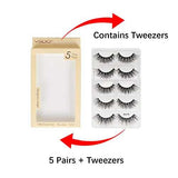 False Eyelashes 3D Mink set with five pairs of black layered lashes in a tray and included tweezers