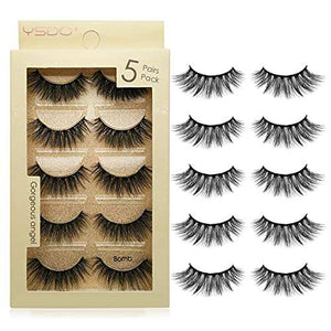 False Eyelashes 3D Mink set with five pairs of black, layered wispy lashes in a beige display box
