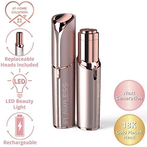 Finishing Touch Flawless rechargeable facial hair remover in rose gold with a matching replacement head and LED light